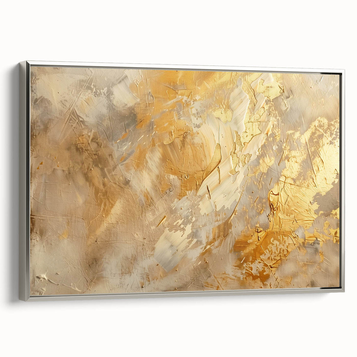 Framed abstract wall art featuring colorful strokes and lines in a modern design, showcased with a sleek silver frame, side view.
