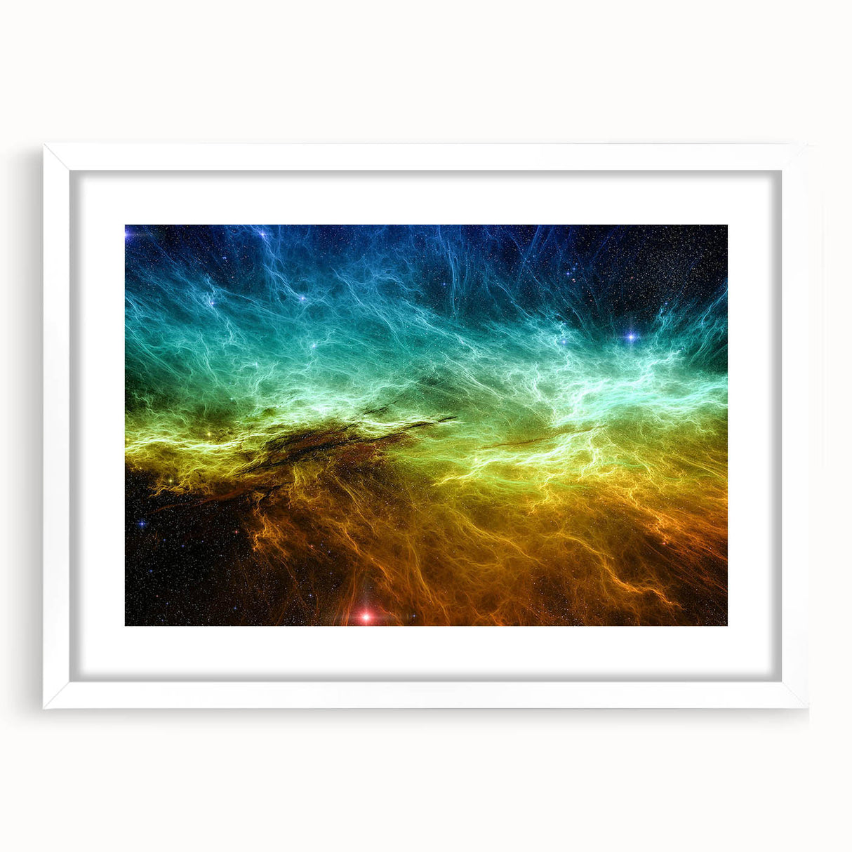 Framed abstract wall art featuring colorful strokes and lines on a white mat, showcasing a modern design perfect for contemporary decor.