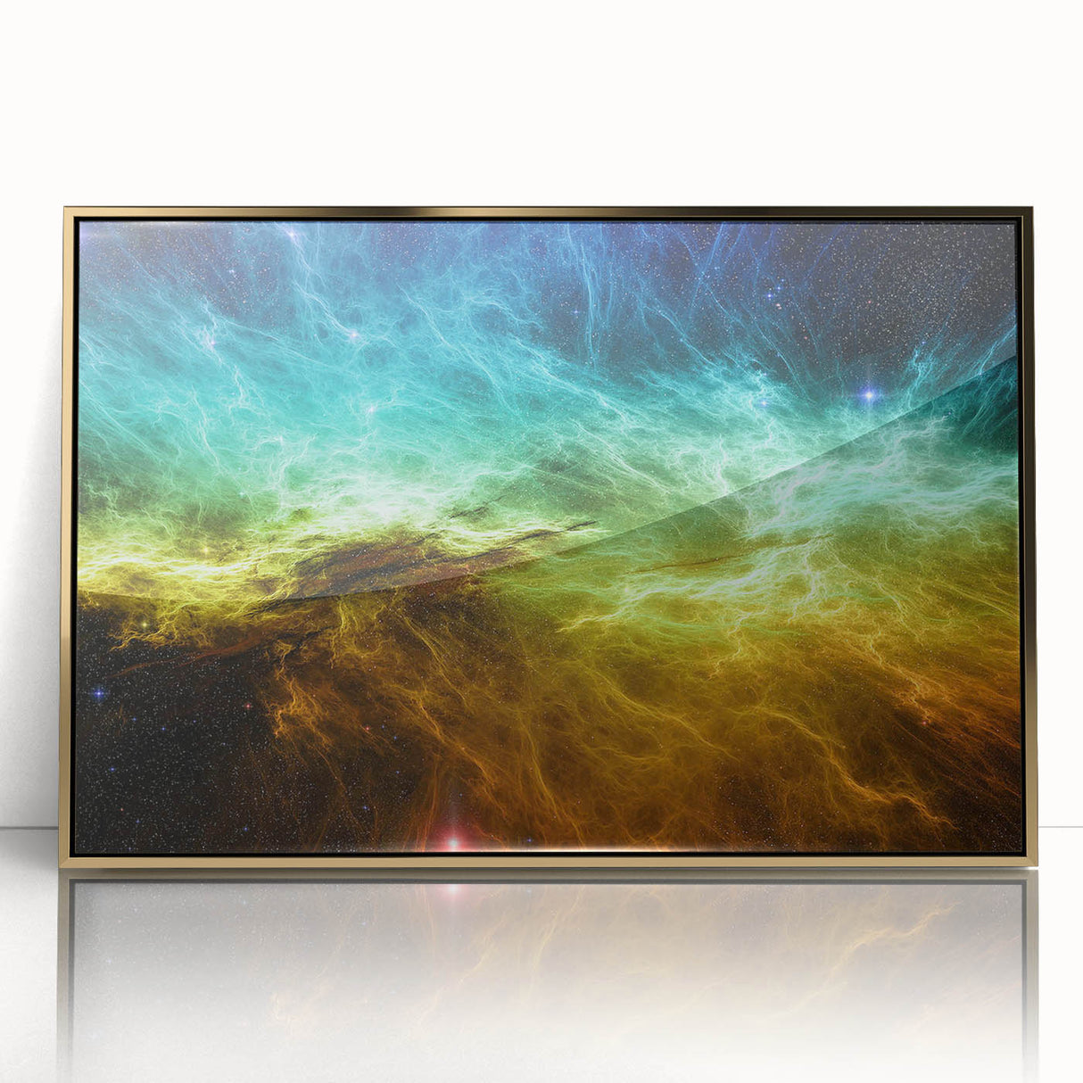 Framed abstract wall art showcasing golden strokes and lines on a textured background, ideal for modern home decor.