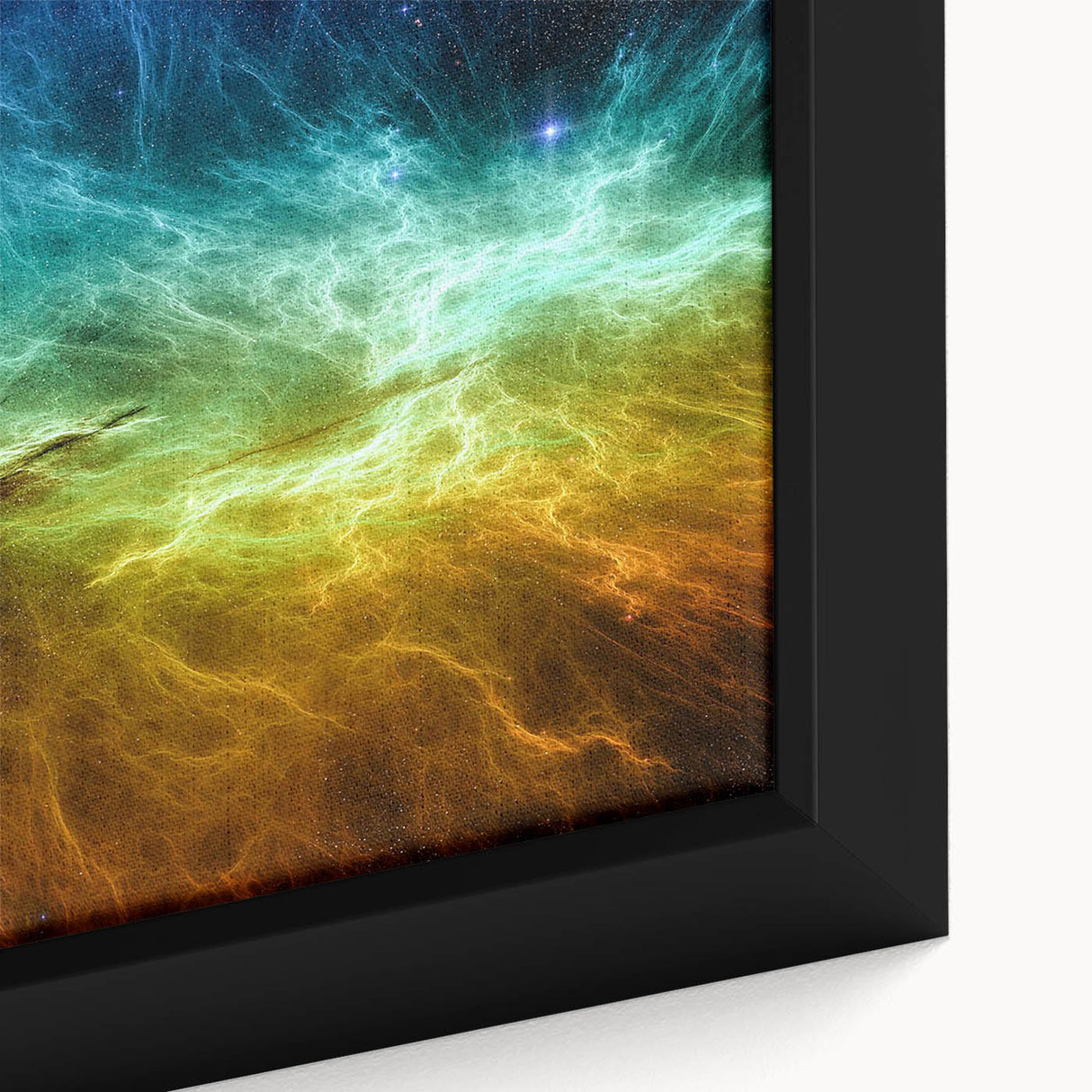 Close-up of a framed abstract wall art piece showcasing vibrant strokes and lines in blue, orange, and yellow, perfect for modern decor.
