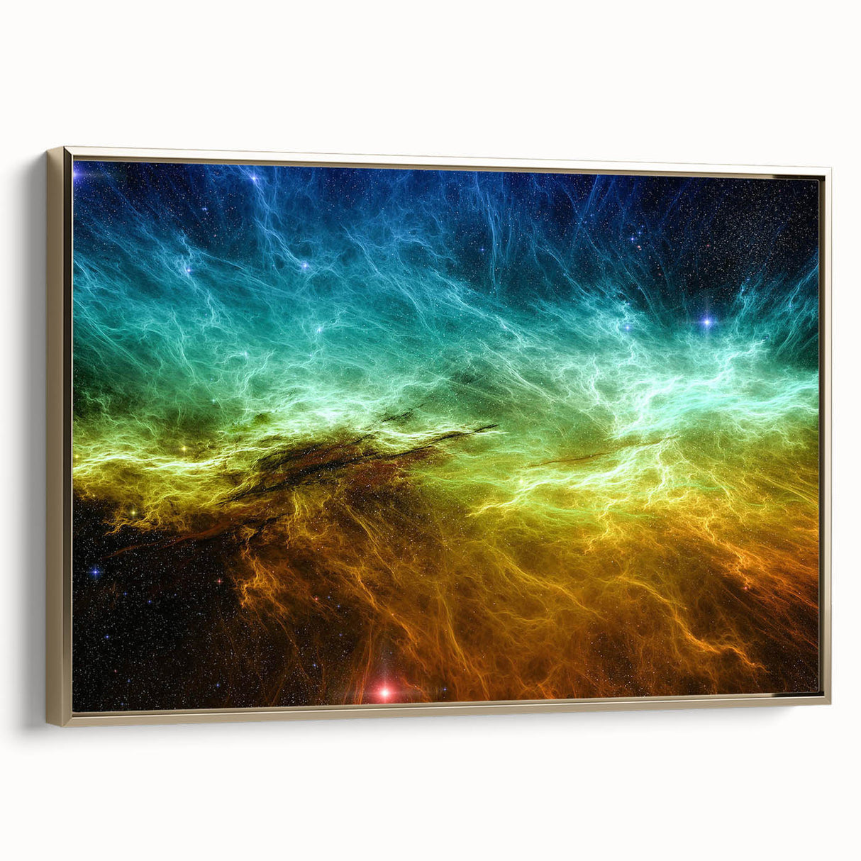 Framed wall art showcasing an abstract design of gold strokes and lines on a textured canvas, elegantly displayed from the side view.