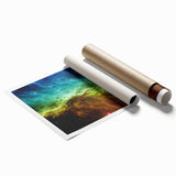 Abstract wall art print showcasing dynamic strokes and lines in vibrant colors of blue, orange, and yellow, perfect for modern decor.