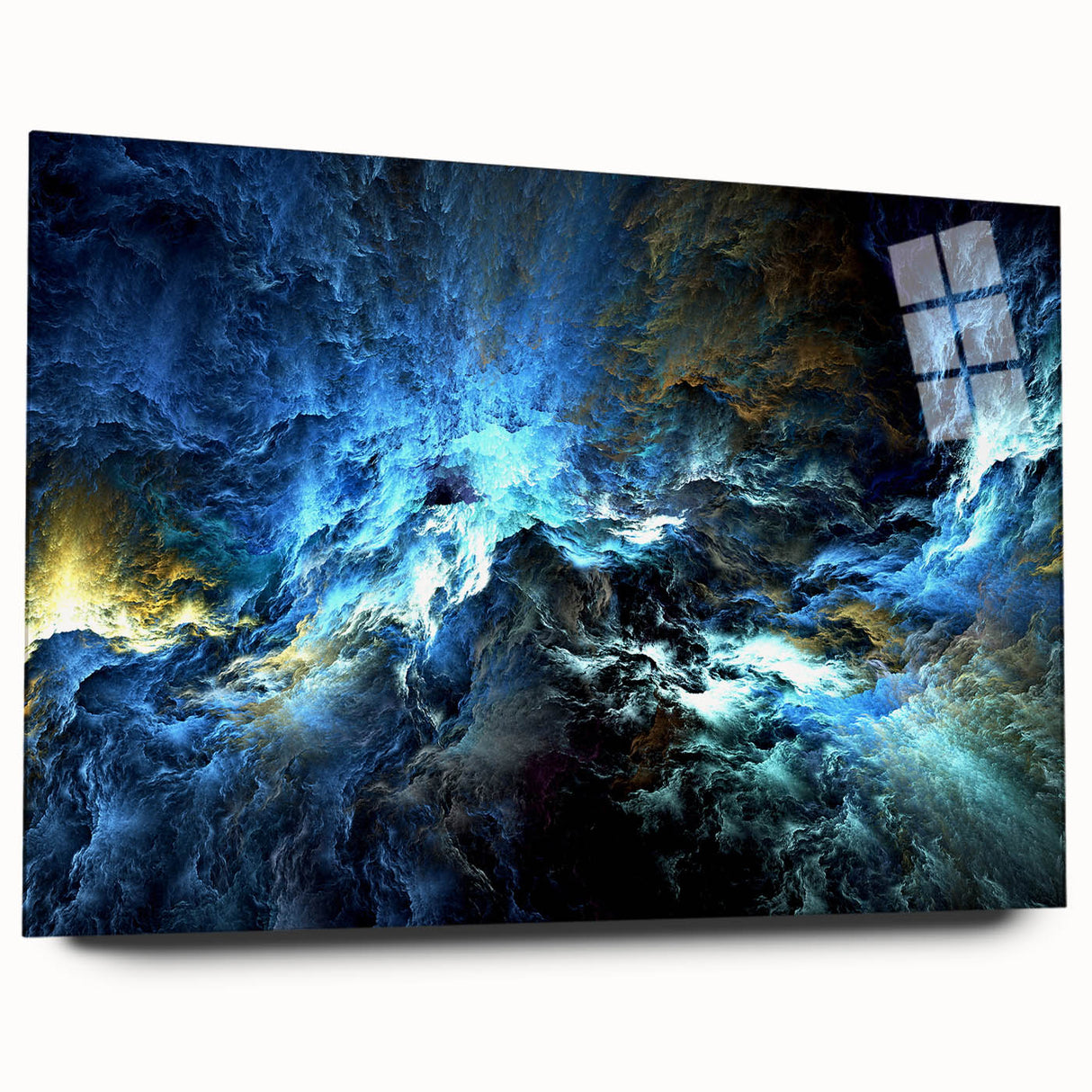 Abstract wall art featuring colorful strokes and lines in a modern design, displayed against a sleek acrylic glass backdrop, ideal for contemporary decor.