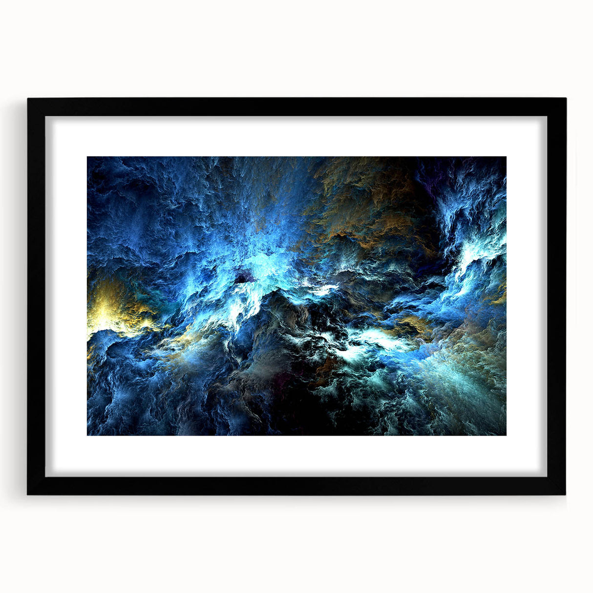 Abstract wall art featuring dynamic strokes and lines in a modern design, framed in black with a white mat, perfect for contemporary decor.