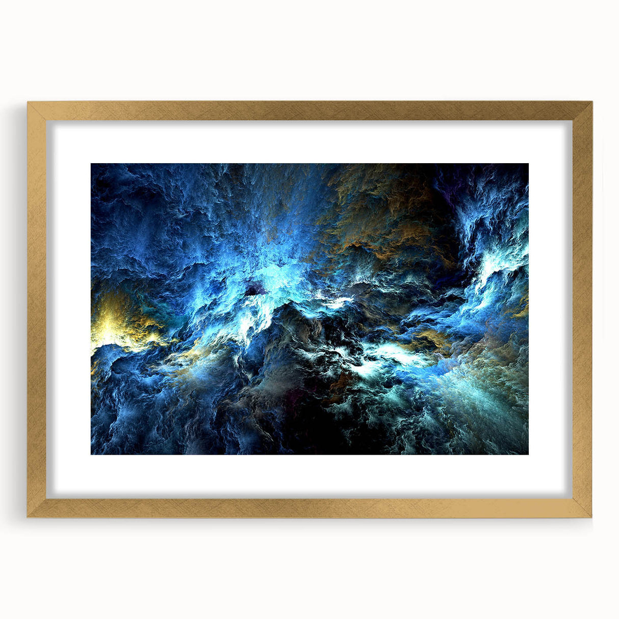 Abstract wall art featuring a modern design of colorful strokes and lines in a gold frame, ideal for contemporary home decor.