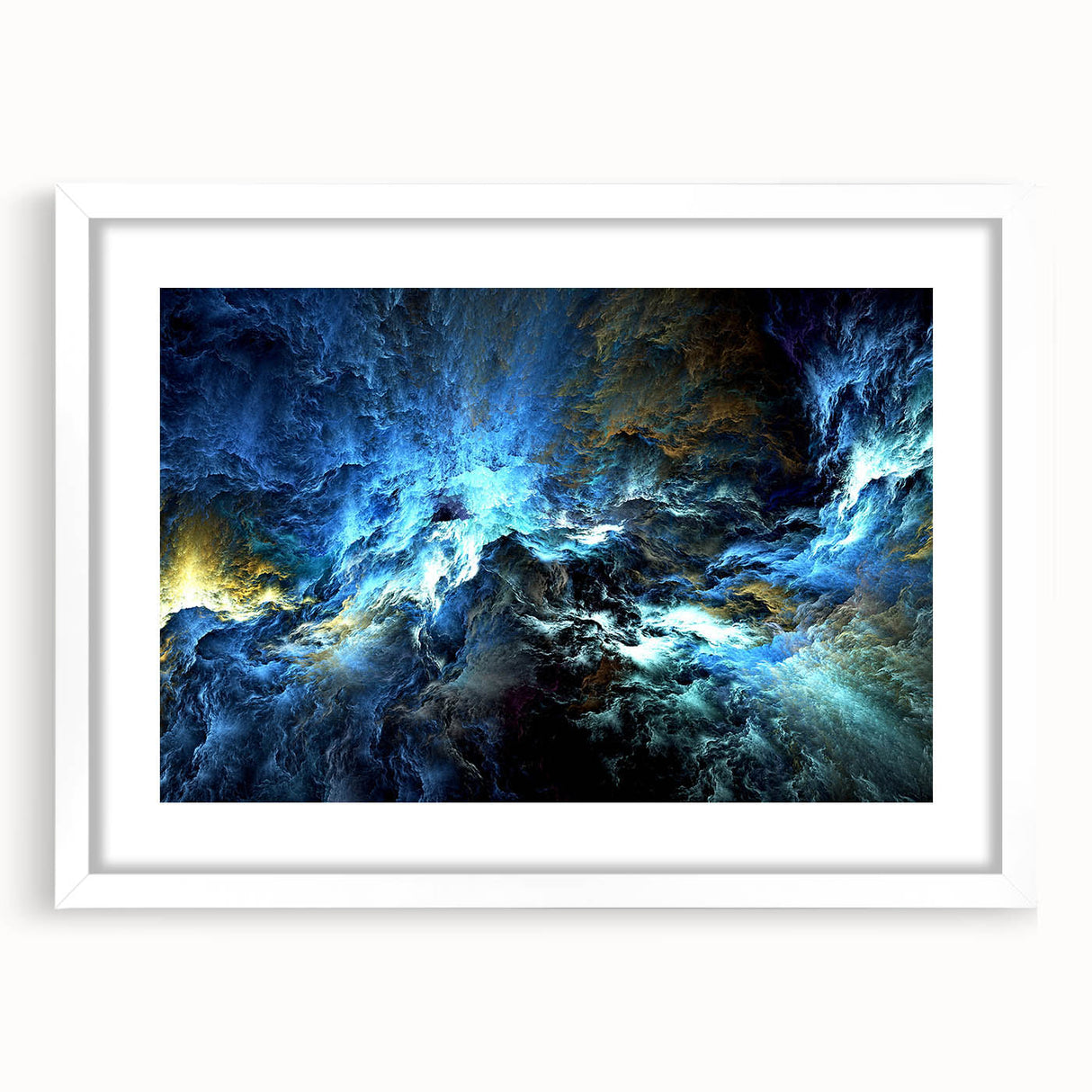 Abstract strokes and lines in vibrant colors create a modern wall art piece, elegantly framed with a white mat, perfect for home decor.