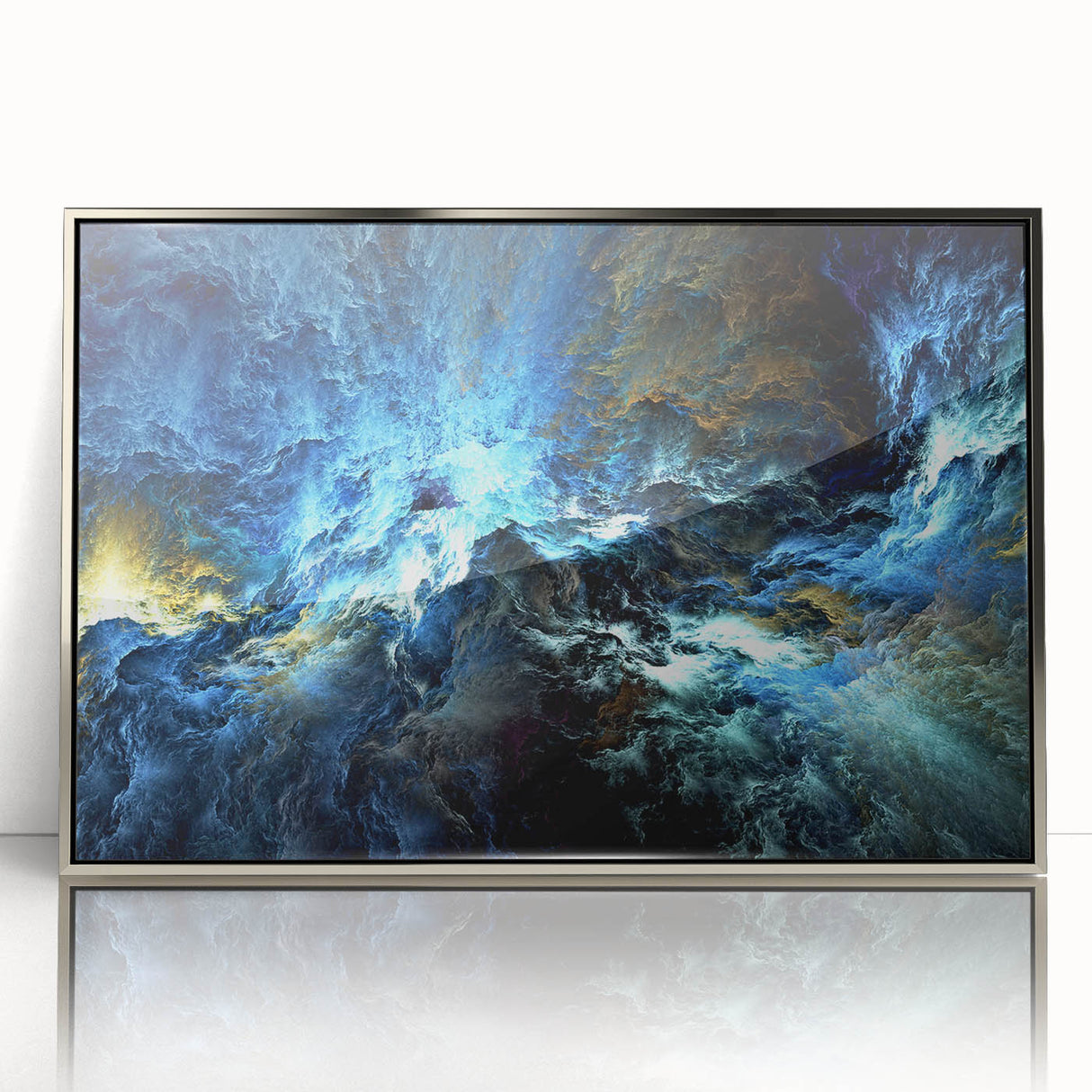 Framed abstract wall art featuring dynamic strokes and lines in a silver-acrylic finish, perfect for modern home decor.