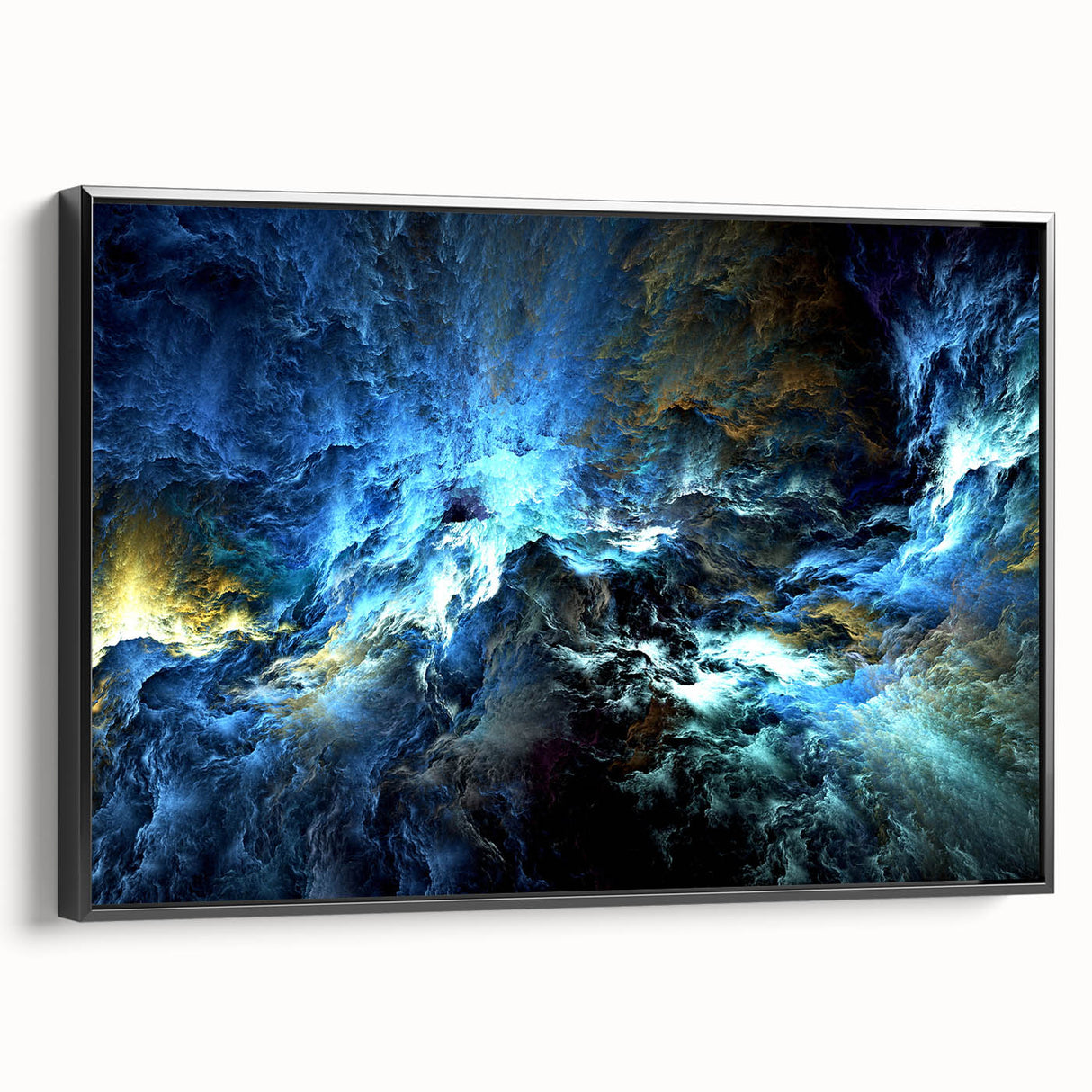 Framed canvas wall art showcasing an abstract design of colorful strokes and lines, presented in a sleek black frame, side view.