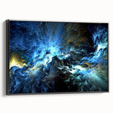 Framed canvas wall art showcasing an abstract design of colorful strokes and lines, presented in a sleek black frame, side view.