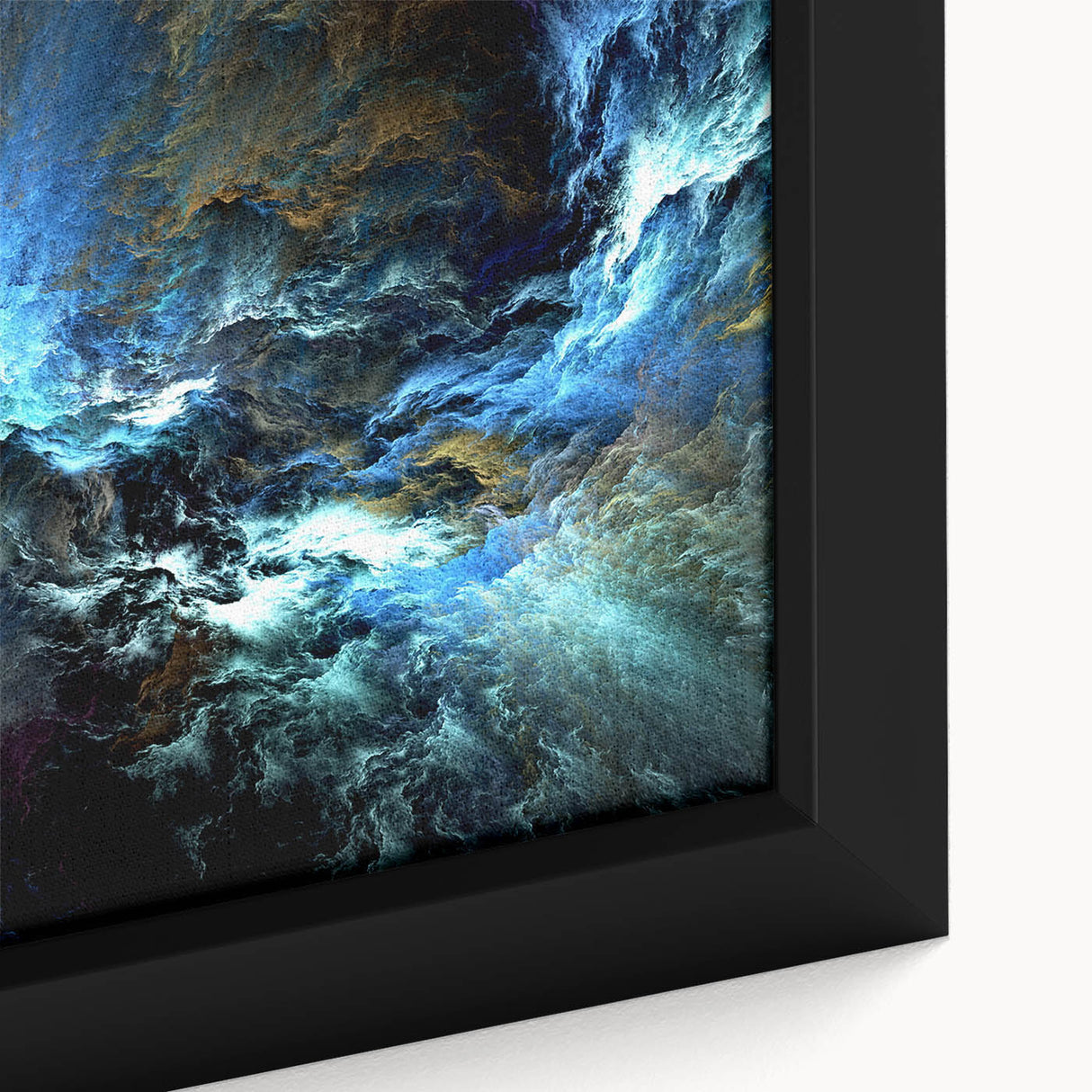 Abstract wall art featuring vibrant strokes and lines in a mix of blue, orange, and gold hues, framed for an elegant presentation.