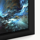 Abstract wall art featuring vibrant strokes and lines in a mix of blue, orange, and gold hues, framed for an elegant presentation.