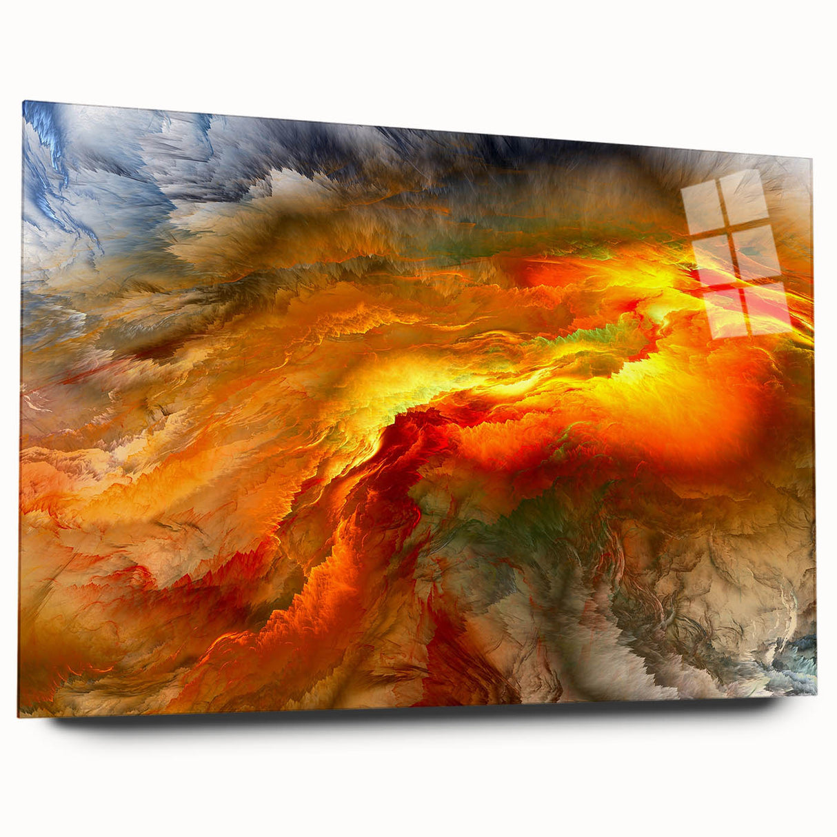 Abstract wall art featuring dynamic strokes and lines in a vibrant color palette displayed in an elegant acrylic frame, perfect for modern decor.