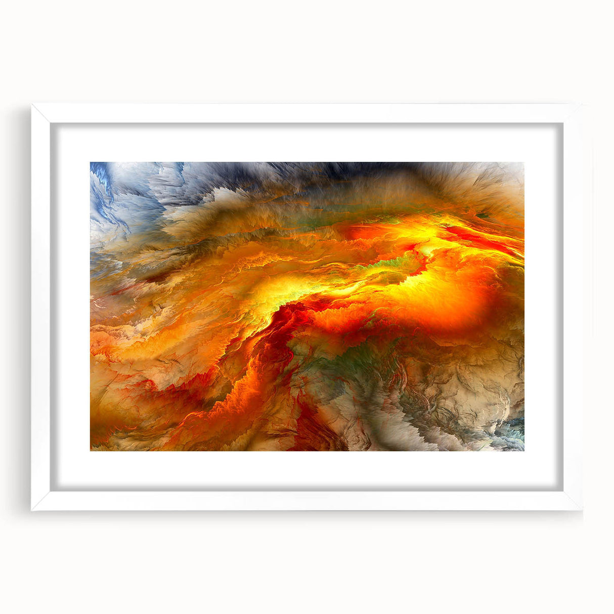 Abstract wall art print showcasing dynamic strokes and lines in vibrant colors, framed in white with a mat, ideal for modern decor.