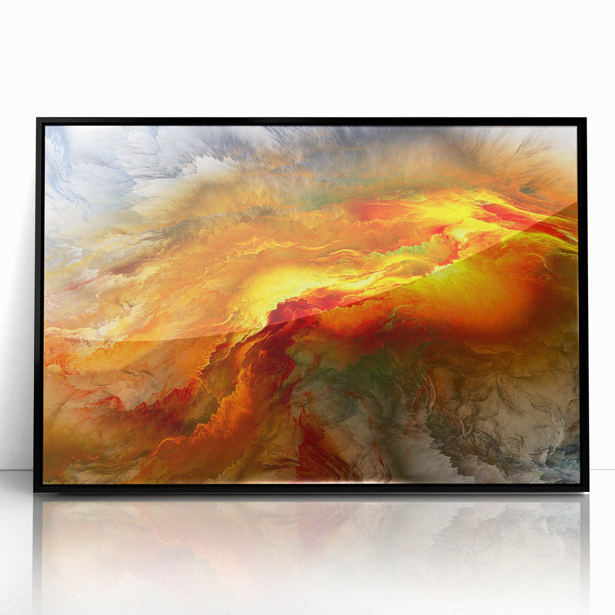 Abstract wall art featuring colorful strokes and lines in a framed acrylic design, showcasing vibrant hues of blue, pink, and gold against a sleek black frame, perfect for modern decor.