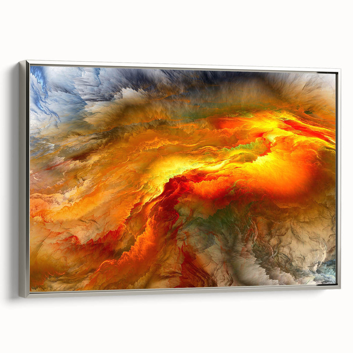 Framed wall art showcasing an abstract design with colorful strokes and lines, set in a sleek silver frame, perfect for modern decor.