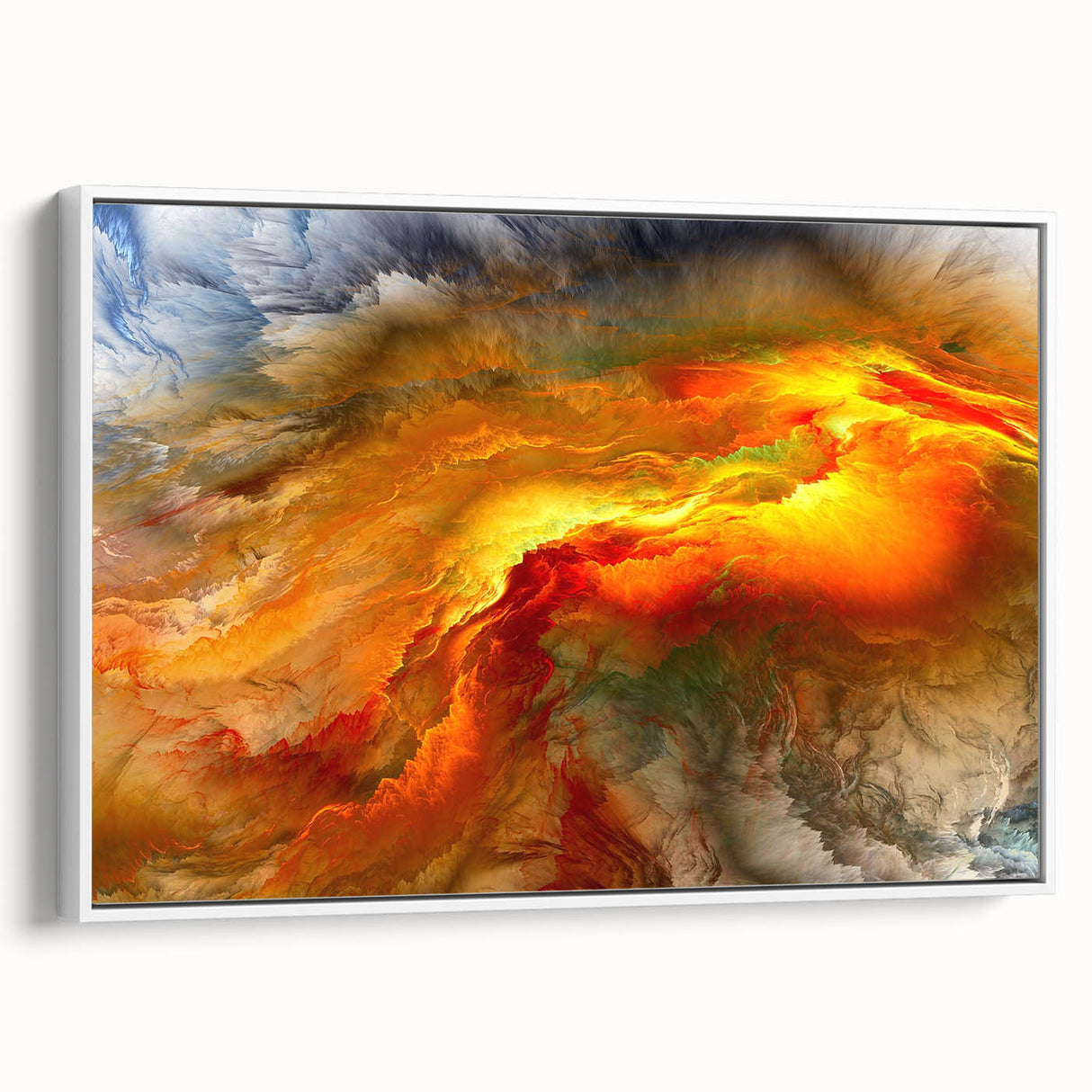 Framed abstract wall art showcasing vibrant strokes and lines in a modern design, presented in a sleek white frame, ideal for contemporary decor.