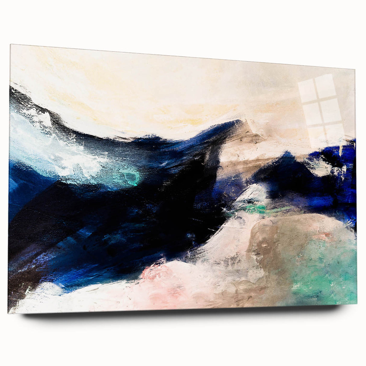 Abstract wall art design showcasing vibrant strokes and lines in an acrylic glass frame, emphasizing a modern aesthetic for home decor.