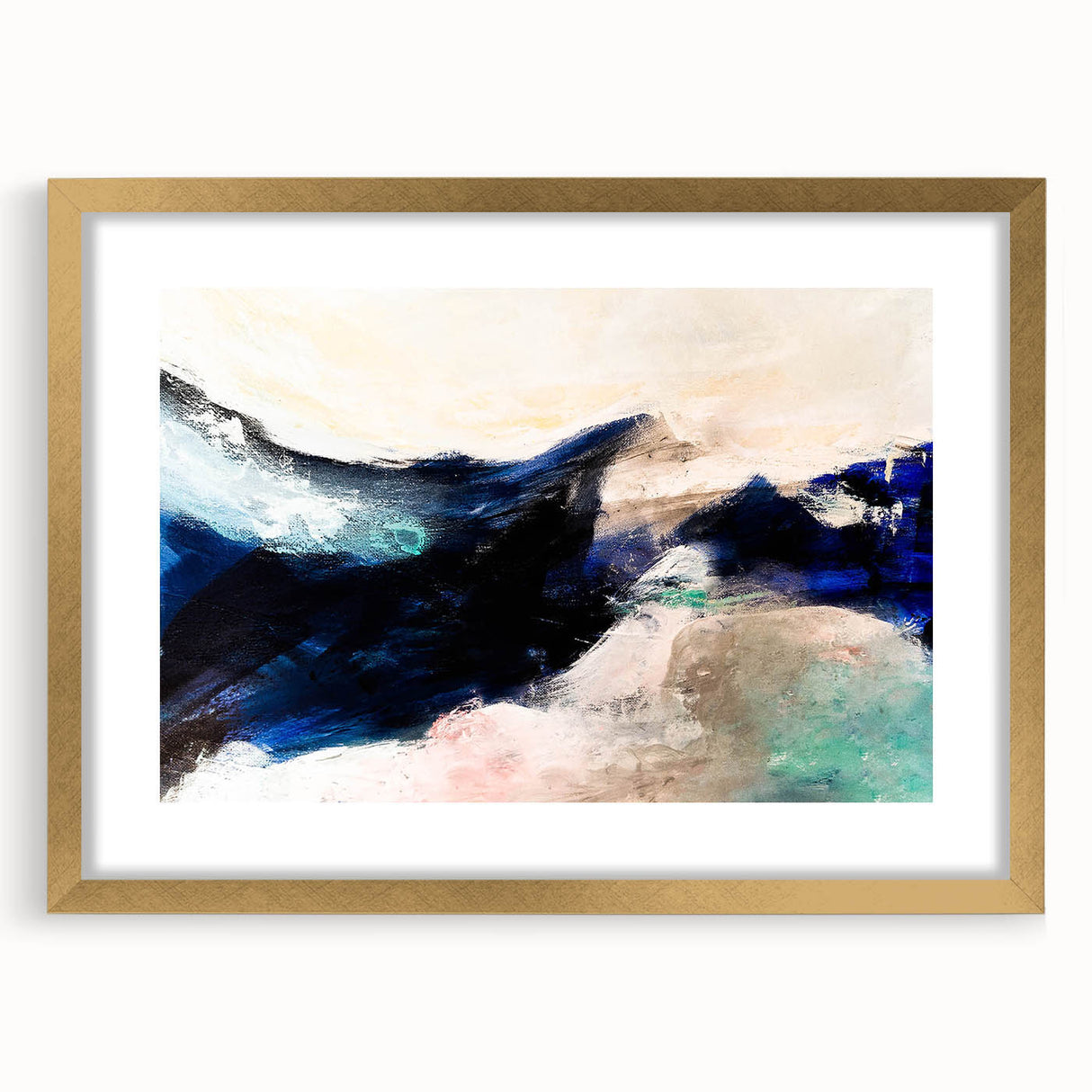 Framed abstract wall art showcasing vibrant strokes and lines in gold and neutral tones, elegantly matted for a modern decor aesthetic.