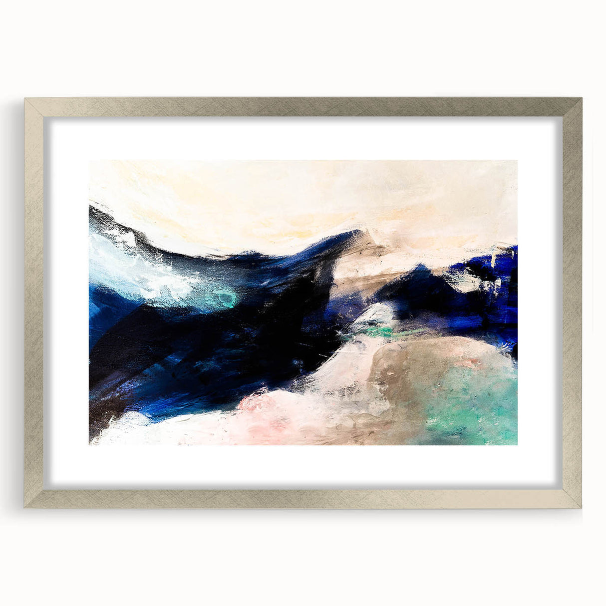 Framed abstract wall art showcasing colorful strokes and lines with a silver mat, adding modern elegance to any interior decor.