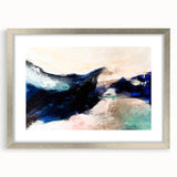 Framed abstract wall art showcasing colorful strokes and lines with a silver mat, adding modern elegance to any interior decor.