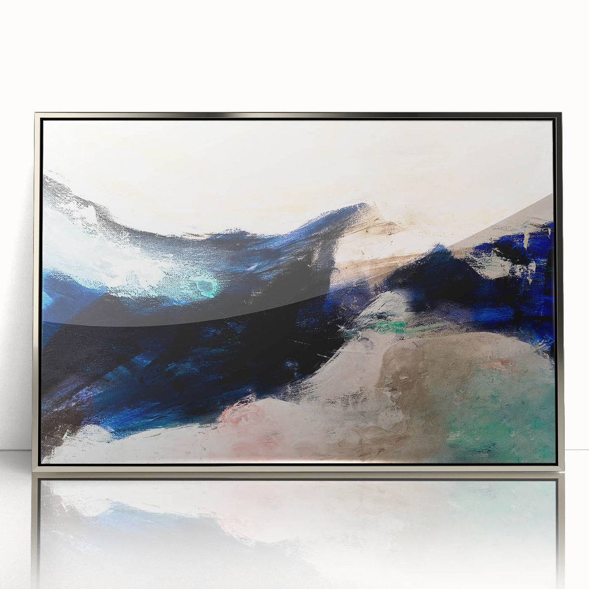 Framed abstract wall art showcasing vibrant strokes and lines in silver and blue hues, adding a modern touch to any interior decor.