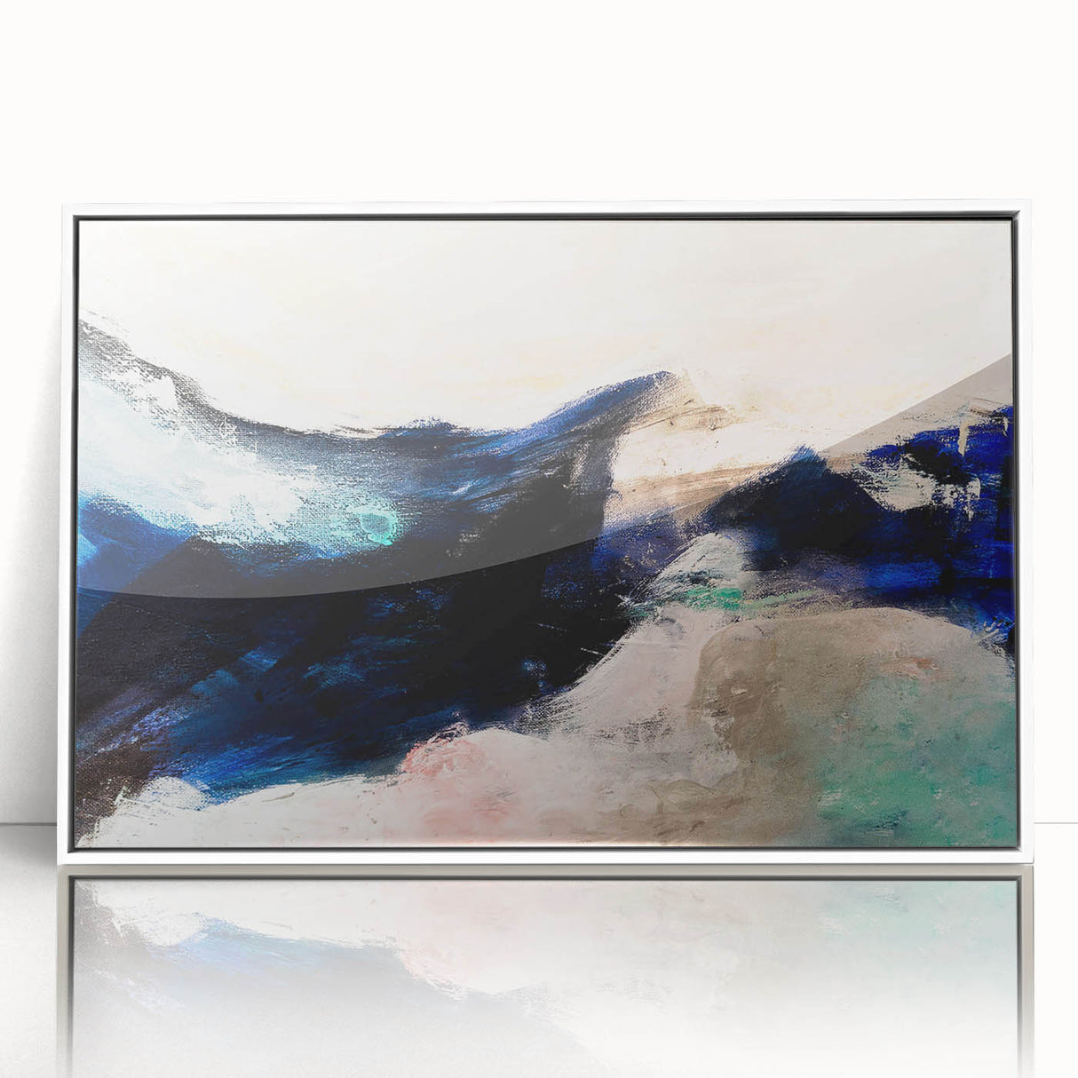 Framed wall art featuring an abstract design of colorful strokes and lines on a white background, perfect for modern home decor.