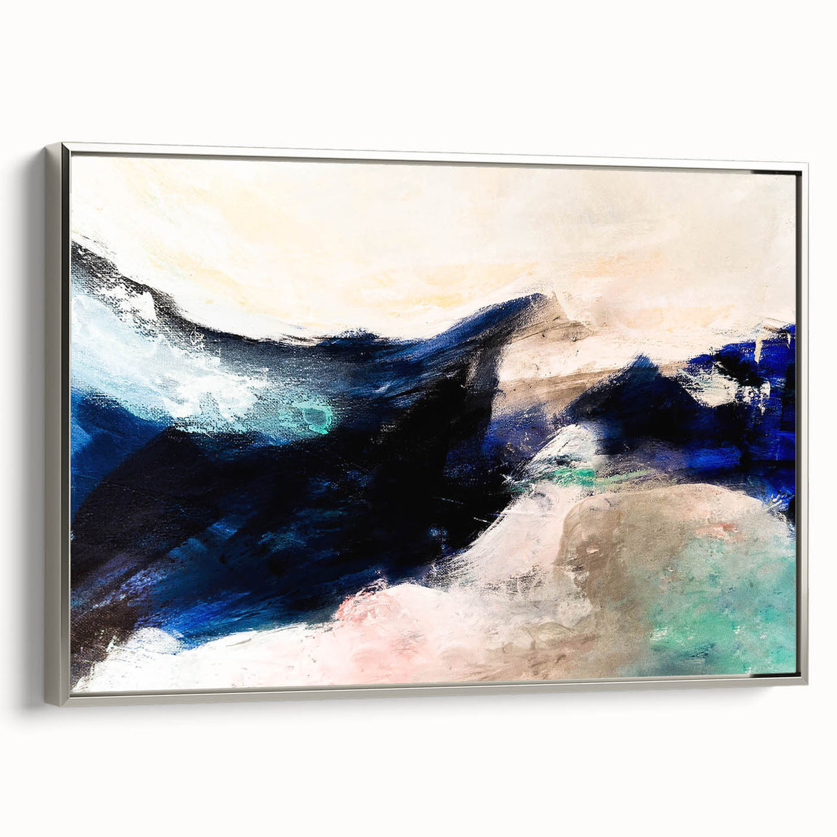 Framed abstract wall art featuring strokes and lines in silver and blue tones, showcasing a modern design ideal for contemporary decor.