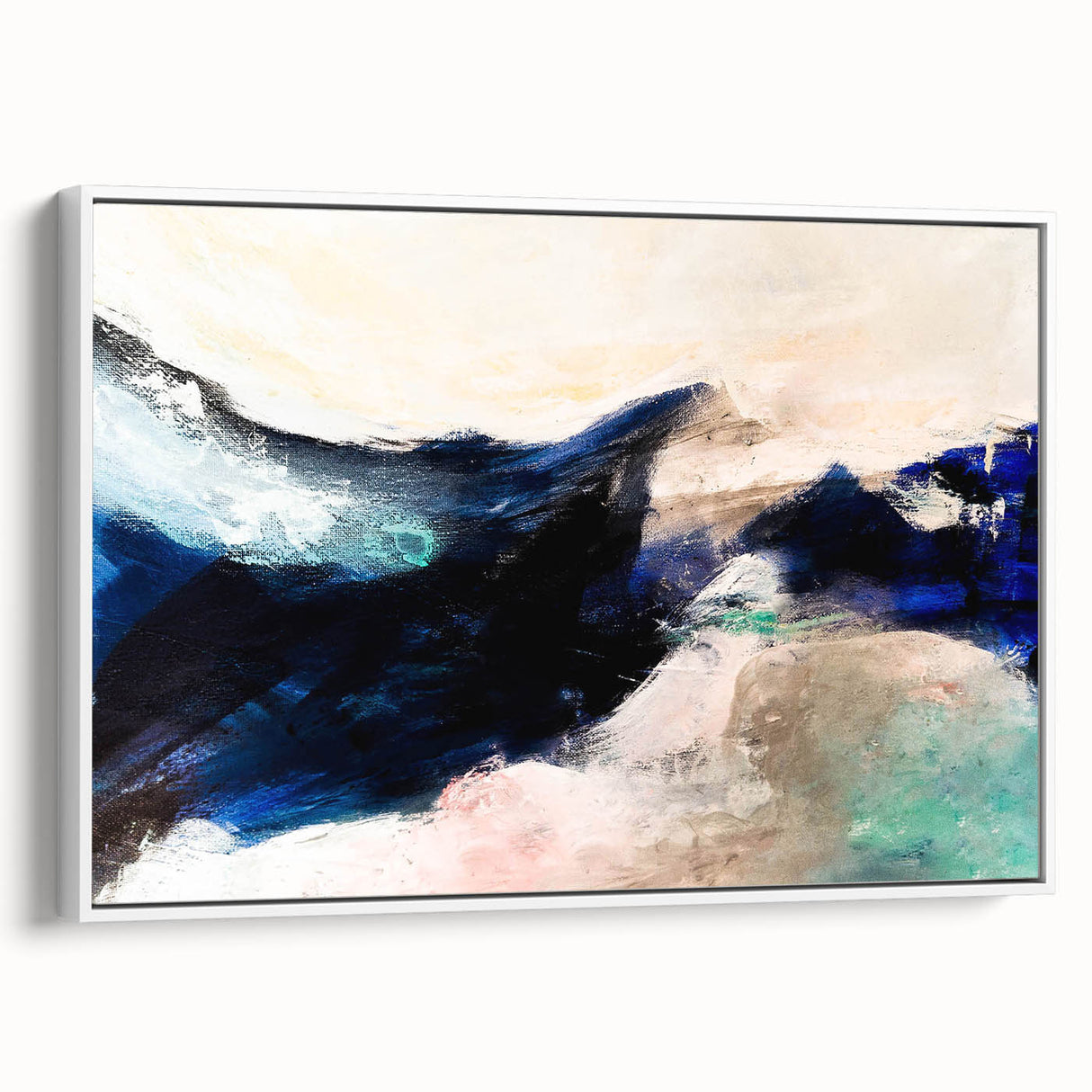 Framed abstract wall art featuring vibrant strokes and lines in shades of blue, orange, and yellow, displayed against a white background.