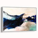 Framed abstract wall art featuring vibrant strokes and lines in shades of blue, orange, and yellow, displayed against a white background.