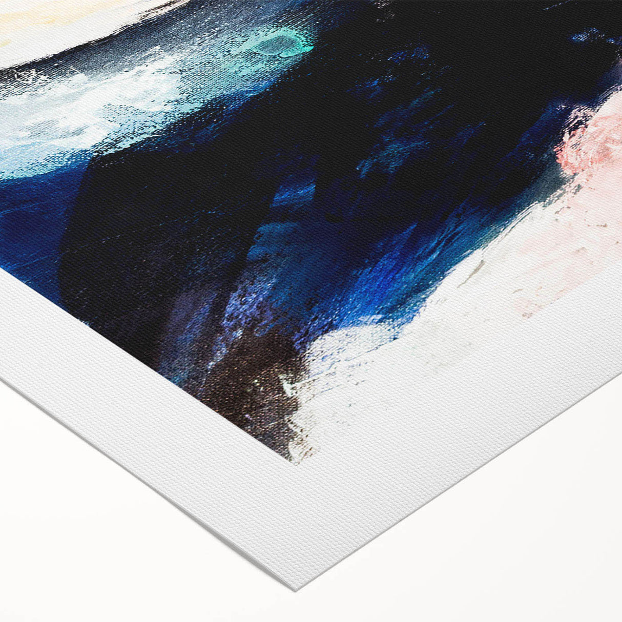 Abstract wall art featuring vibrant strokes and lines in shades of blue, orange, and yellow on rolled canvas, perfect for modern home decor.