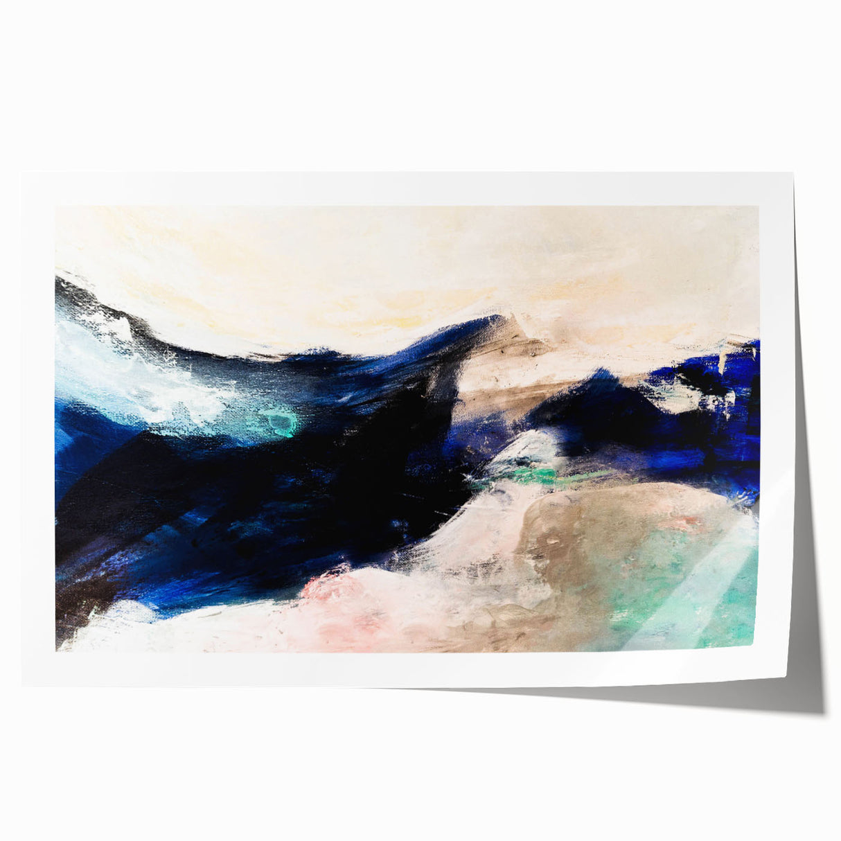 Abstract wall art print showcasing vibrant strokes and lines in shades of blue, orange, and yellow, perfect for modern home decor.