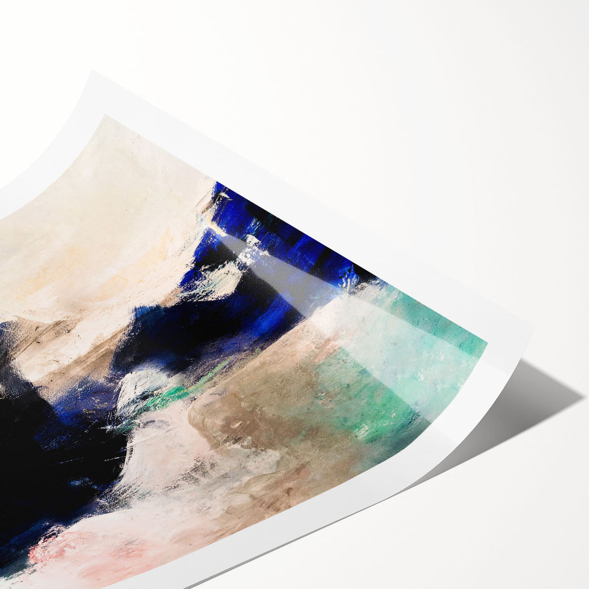 Abstract wall art print showcasing vibrant strokes and lines in blue, orange, and yellow hues, perfect for modern home decor.
