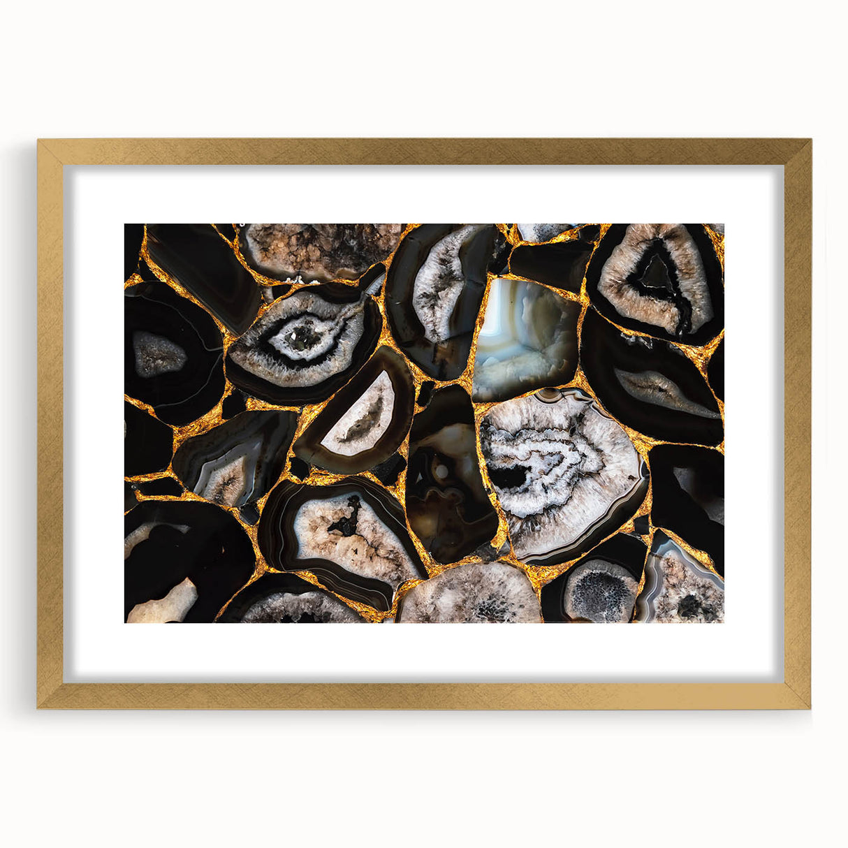 Abstract wall art design featuring bold strokes and lines in a mix of gold and neutral colors, elegantly framed with a mat, ideal for modern home decor.