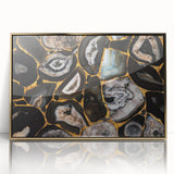 Framed wall art featuring an abstract design of strokes and lines in gold and white tones, ideal for modern home decor, showcasing elegance and sophistication.