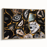 Framed canvas wall art showcasing an abstract design with gold strokes and lines, offering a modern touch to home decor. Ideal for stylish interiors.