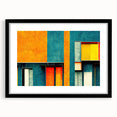 Framed wall art featuring an abstract design of colorful strokes and lines in a modern style, with a black mat and frame, ideal for contemporary decor.