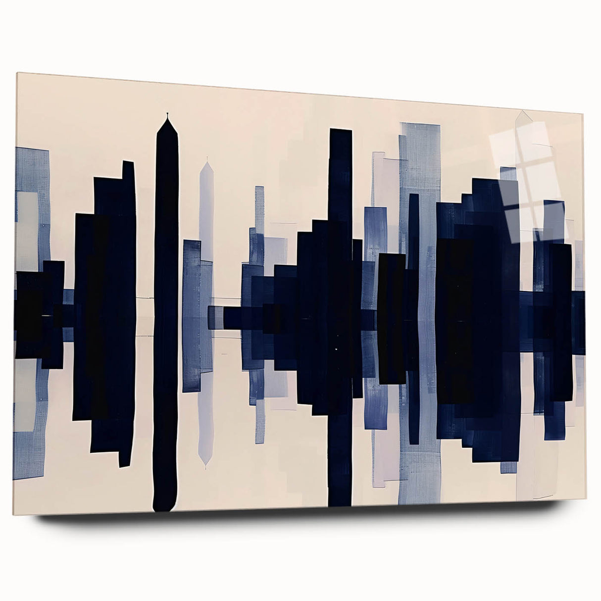Abstract wall art featuring vibrant strokes and lines in bold colors, displayed in a sleek acrylic glass frame, adding a modern touch to any decor.