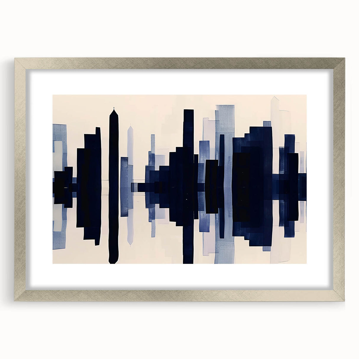 Abstract wall art featuring dynamic strokes and lines in soft pastel colors, elegantly framed with a silver mat, perfect for modern home decor.