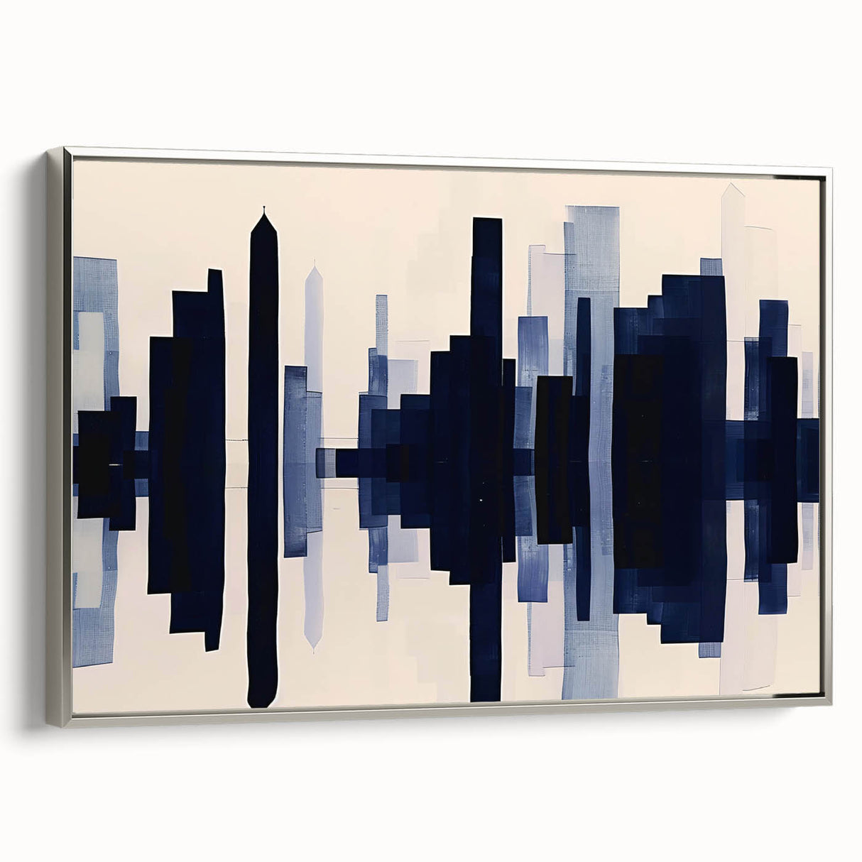 Framed canvas art featuring an abstract design with silver strokes and lines, showcasing modern elegance in a side view, perfect for contemporary home decor.