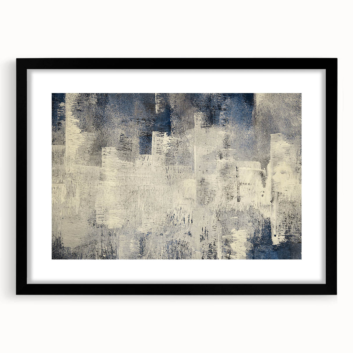 Abstract wall art design showcasing bold strokes and lines in a minimalist style, framed with a black mat, perfect for modern home decor.