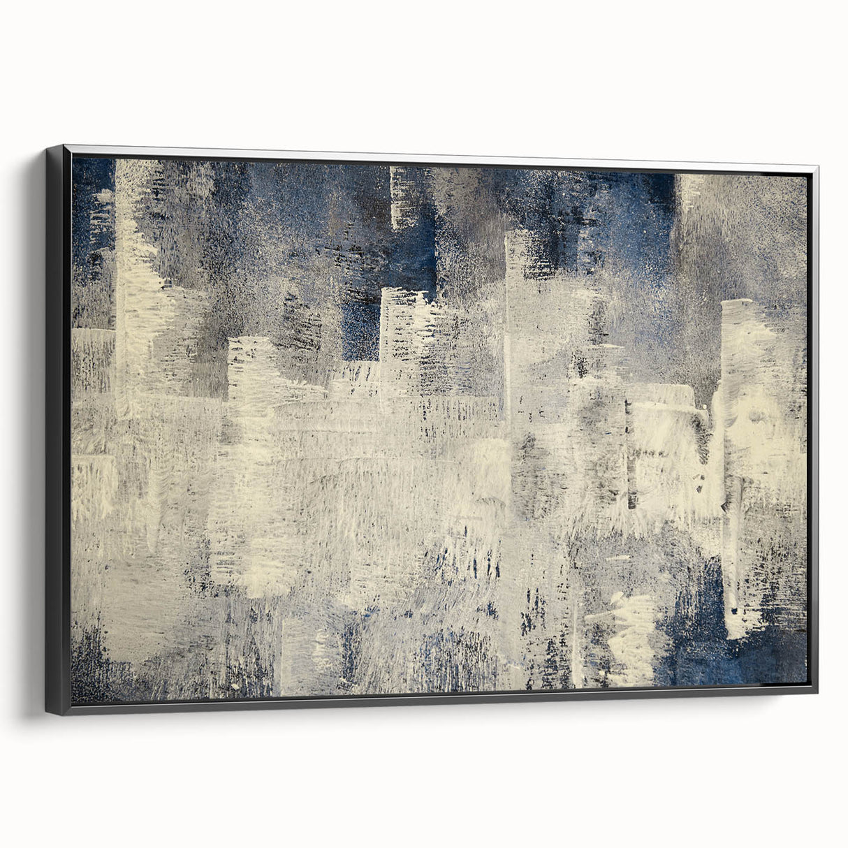 Framed canvas wall art showcasing an abstract design of colorful strokes and lines, featuring a sleek black frame and side view perspective, ideal for modern decor.