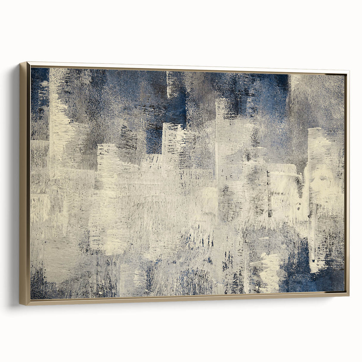 Framed canvas wall art showcasing an abstract design with gold strokes and lines, elegantly displayed from a side view, perfect for modern interior decor.