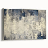 Framed canvas artwork showcasing an abstract design with strokes and lines in silver hues, highlighting modern elegance and sophistication for home decor.