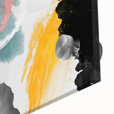 Abstract wall art design featuring colorful strokes and lines in a modern acrylic glass finish, showcasing vibrant hues of blue, yellow, and red that enhance contemporary decor.