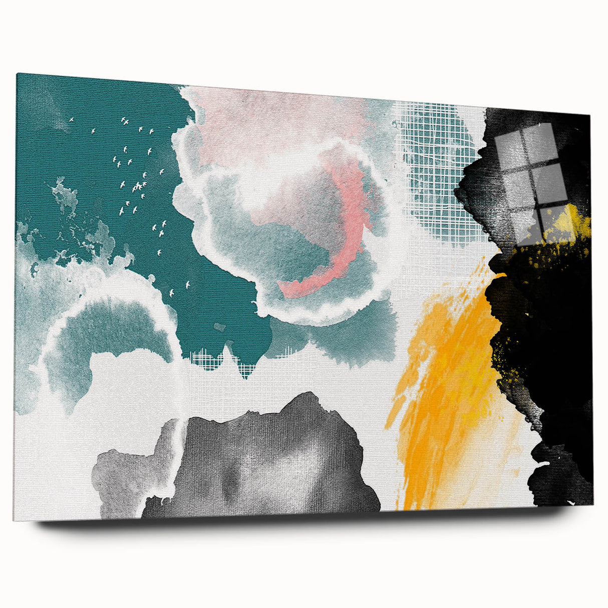 Abstract wall art featuring vibrant strokes and lines in a harmonious color palette, displayed in an elegant acrylic frame, ideal for modern home décor.