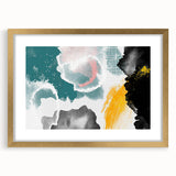 Abstract wall art featuring dynamic strokes and lines in gold and neutral tones, framed with a mat, showcasing contemporary design for modern decor.