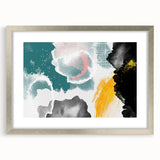 Abstract wall art featuring vibrant strokes and lines in a modern design, framed in silver with a mat, showcasing a contemporary aesthetic for home decor.