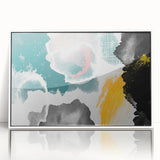 Abstract wall art featuring a dynamic design of strokes and lines in vibrant colors, framed with a sleek white border, ideal for modern home decor.