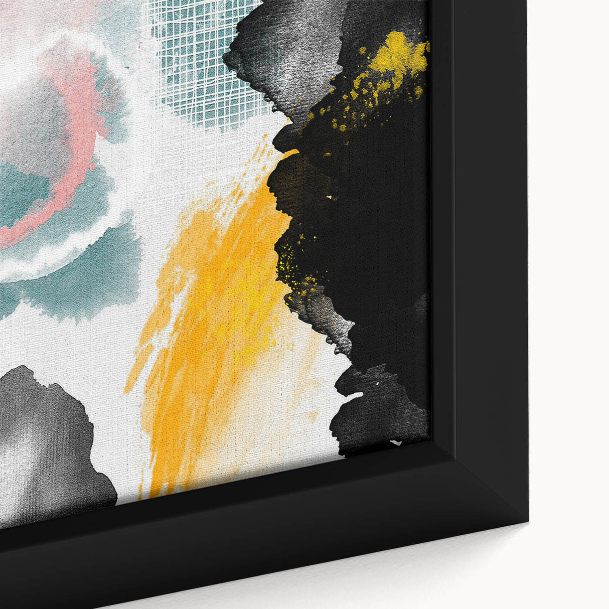 Close-up view of a framed canvas featuring an abstract strokes and lines design in vibrant colors, perfect for modern home decor, enhancing artistic ambiance.