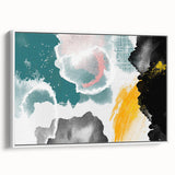 Framed canvas wall art showcasing an abstract design of colorful strokes and lines with a modern aesthetic. The piece features a white frame, enhancing its contemporary look, perfect for home or office decor.